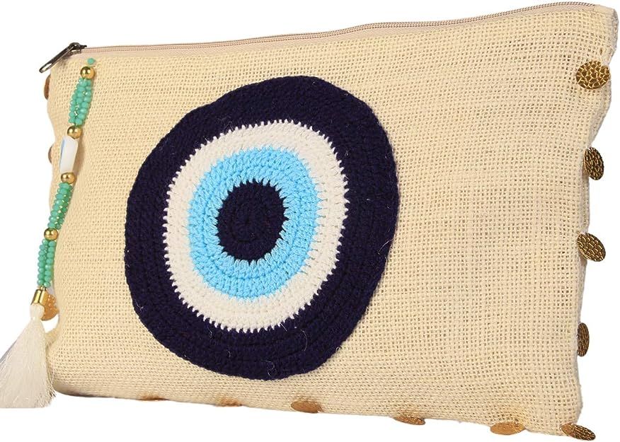 Karens Line Evil Eye Eco Friendly Jute Handheld Clutch Purse Large Space with Zipper Closure&Crys... | Amazon (US)