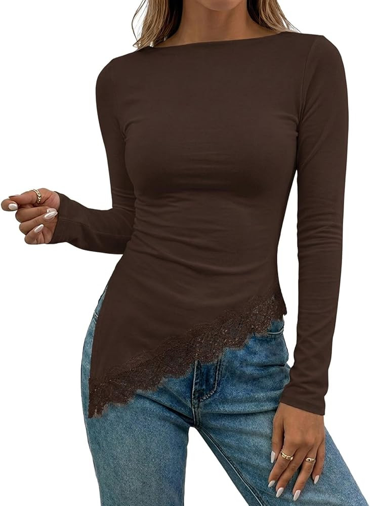 Flowyair Womens Boat Neck Long Sleeve Lace Tops Slim Fit Shirts | Amazon (US)