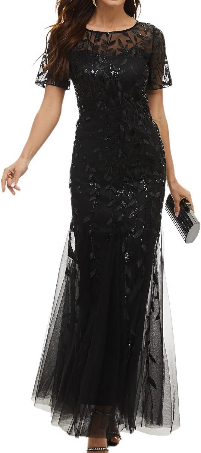 Jdlsppl Women's Floor Length Sequin Dress Formal Bateau Neck Short Sleeve Evening Party Prom Glit... | Amazon (US)