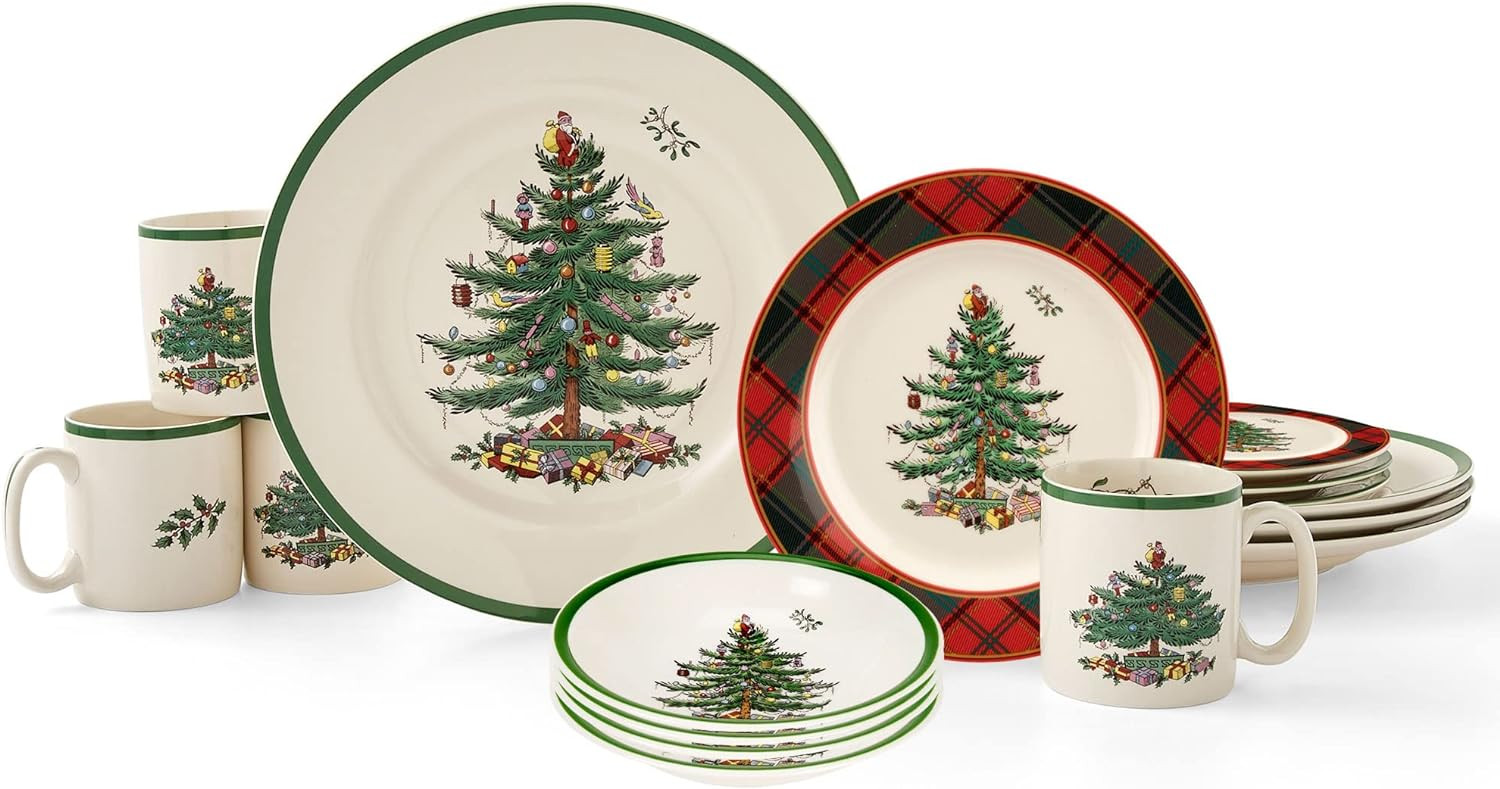 Spode Christmas Tree 16-Piece Tartan Dinnerware Set (Service for 4) - Festive Holiday Tableware w... | Amazon (US)