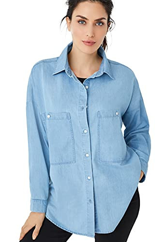 ellos Plus Size 100% Cotton Denim Oversized Button-Front Collared Shirt - 22/24, Light Stonewash | Amazon (US)