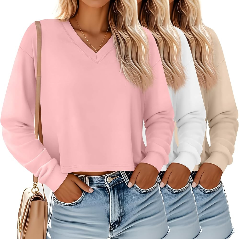 Ficerd 3 Pack Women's Crop Long Sleeve Tops V Neck Loose Cropped T Shirts Drop Shoulder Casual Ba... | Amazon (US)