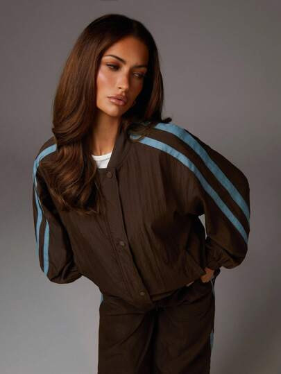 Athîral Women's Striped Long Sleeve Single-Breasted Casual Loose Baseball Jacket Brown Jacke... | SHEIN