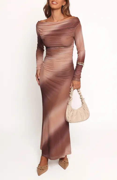 Petal & Pup Hesper Off the Shoulder Long Sleeve Maxi Dress in Brown Multi at Nordstrom, Size X-Large | Nordstrom