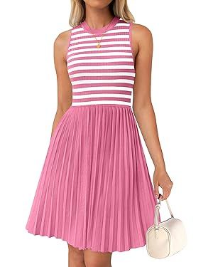 NENONA Womens Sleeveless Crew Neck Stripe Pleated Mini Dress Summer A Line Knit Tank Short Dresse... | Amazon (US)