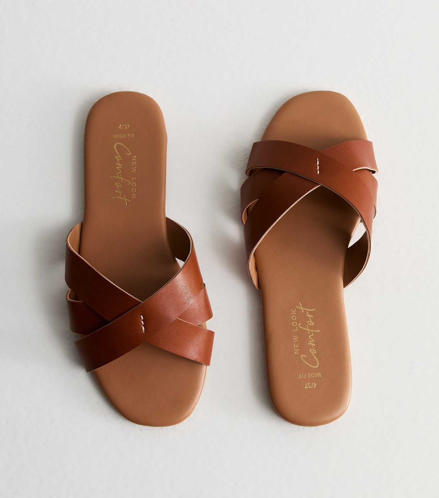 Wide Fit Tan Leather-Look Mule Sliders | New Look | New Look (UK)