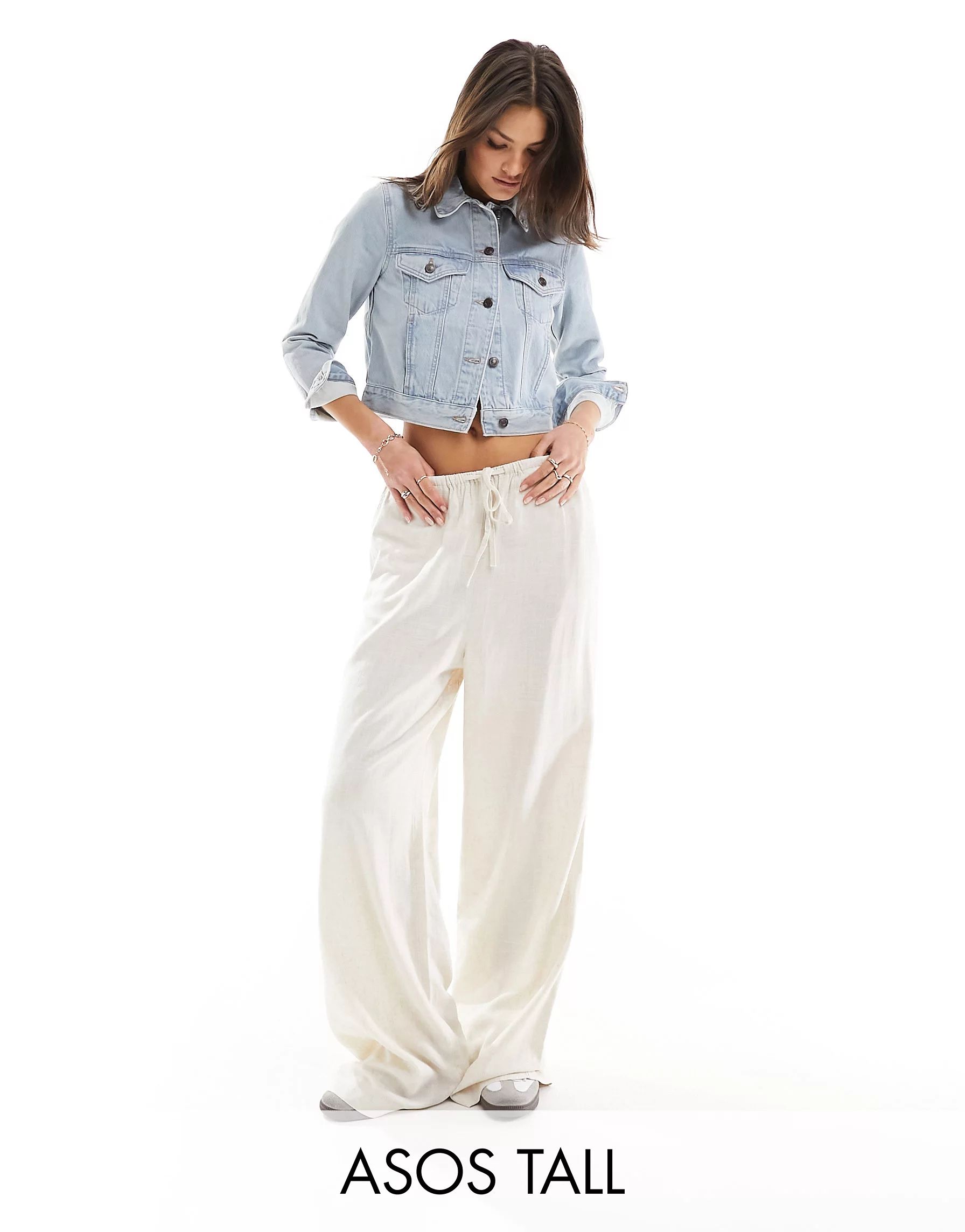 ASOS DESIGN Tall wide leg pull on pants with linen in natural | ASOS (Global)