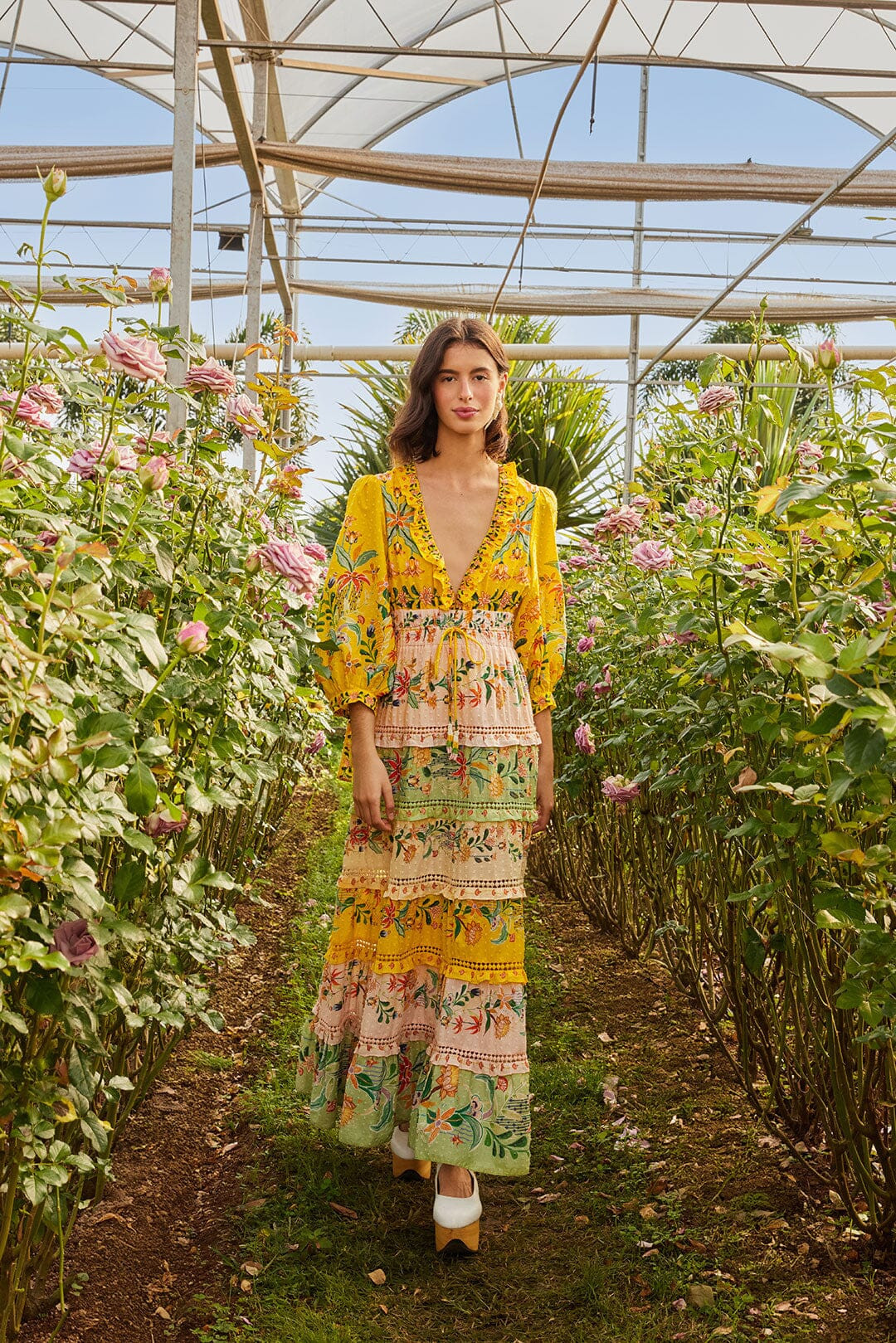 Delicate Flowers Stripes Long Sleeve Maxi Dress | Farm Rio UK