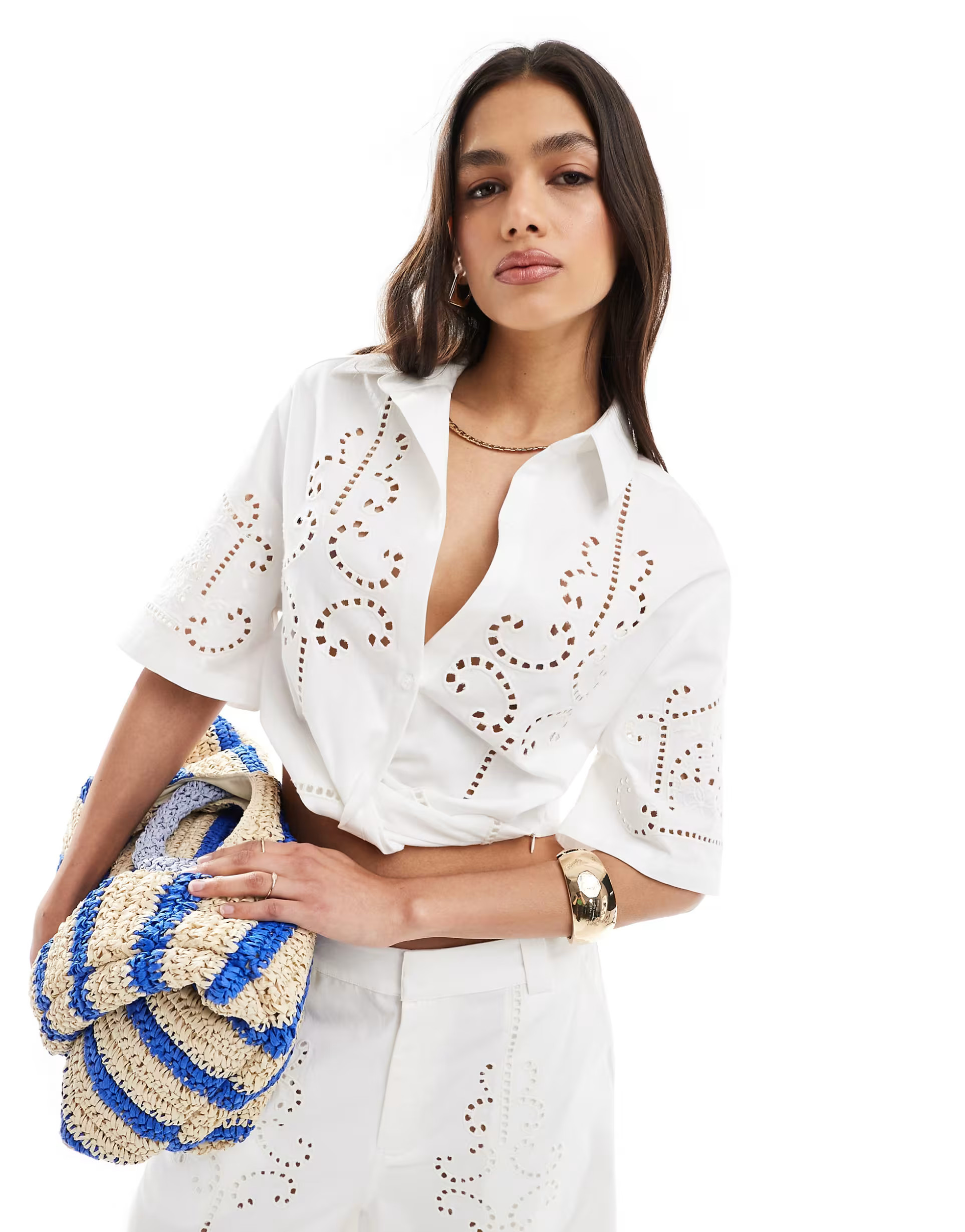 ASOS DESIGN premium shirt  with cutwork broderie in white co-ord | ASOS (Global)