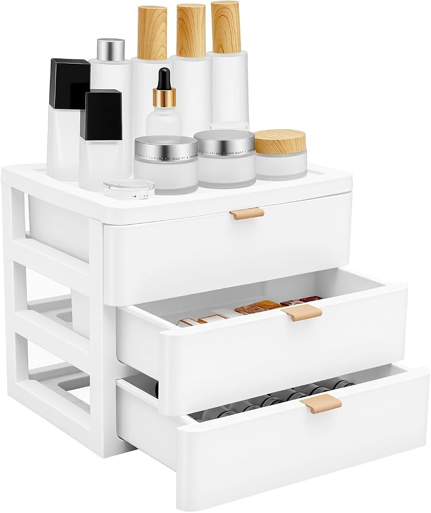 Desktop Storage Box with 3 Drawers, White Plastic Drawer Organizer for Office Desk Vanity, Small ... | Amazon (US)