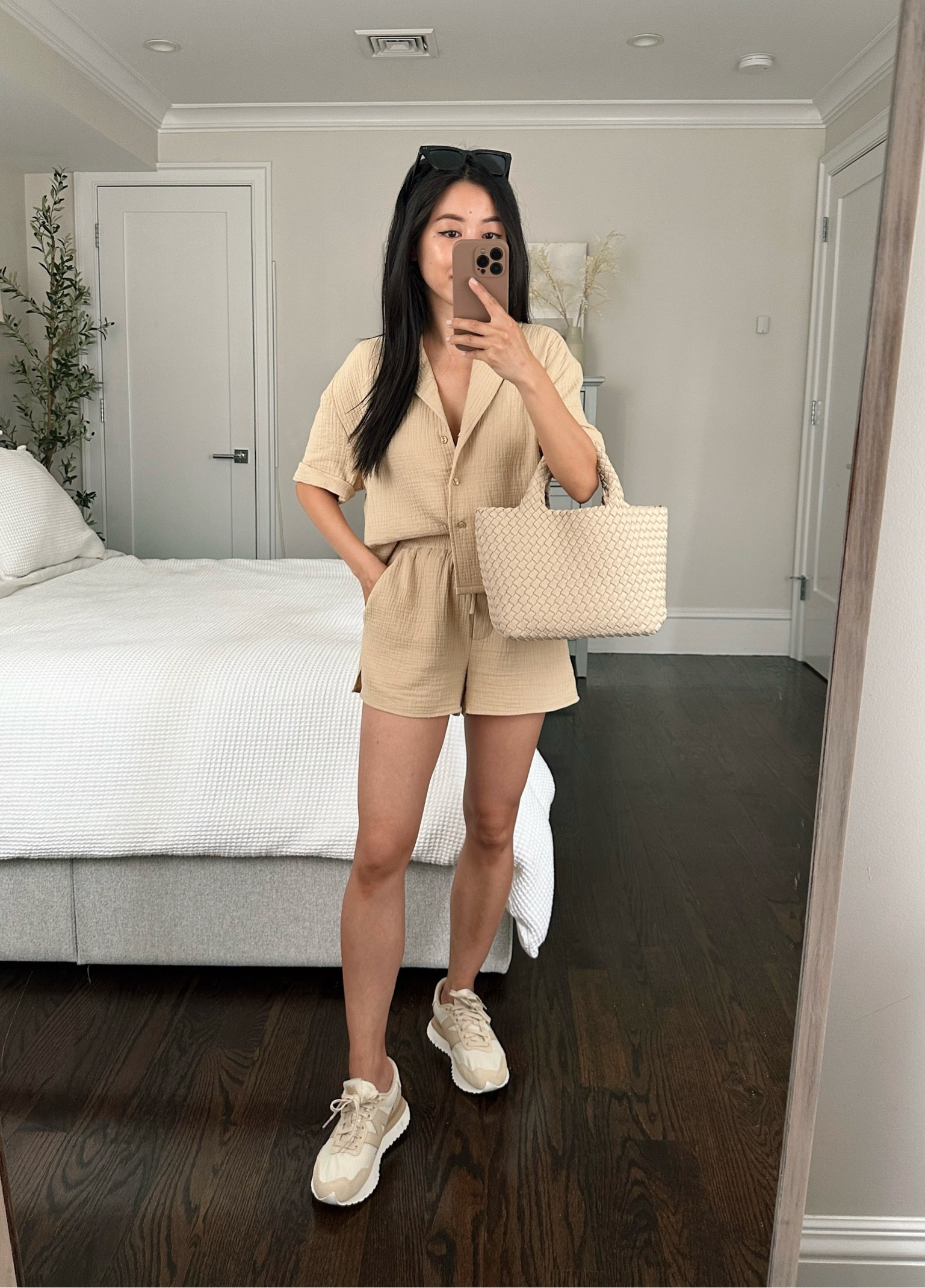 •New Balance sneakers sz 5 - so comfy! 
•Steve Madden shirt xs and matching shorts xs - lightweight crinkle set (sold as separates). Breezy and casual for summer wear or an easy pull-on coverup. The top is a shorter length than the average shirt and can be worn tucked or untucked
•$15 sunglasses - have in both colors and love!
•Naghedi mini tote 

#petite 

#LTKSeasonal #LTKshoecrush #LTKstyletip