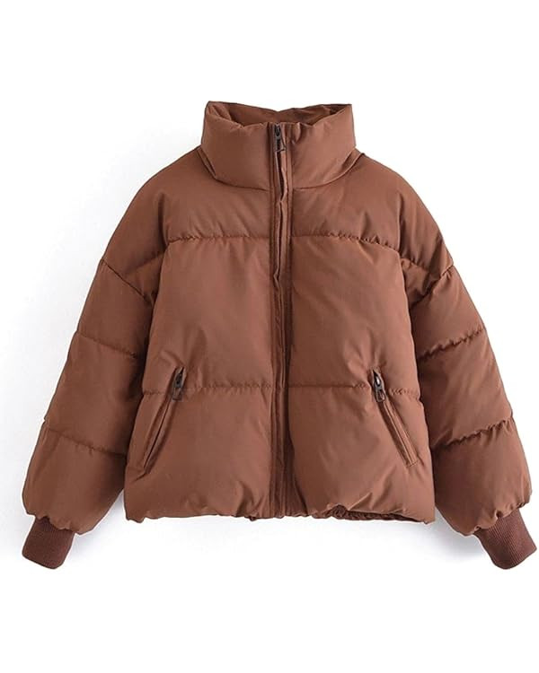 Kwoki Women's Zipper Puffer Jacket Baggy Long Sleeve Stand Collar Winter Short Down Coat | Amazon (US)