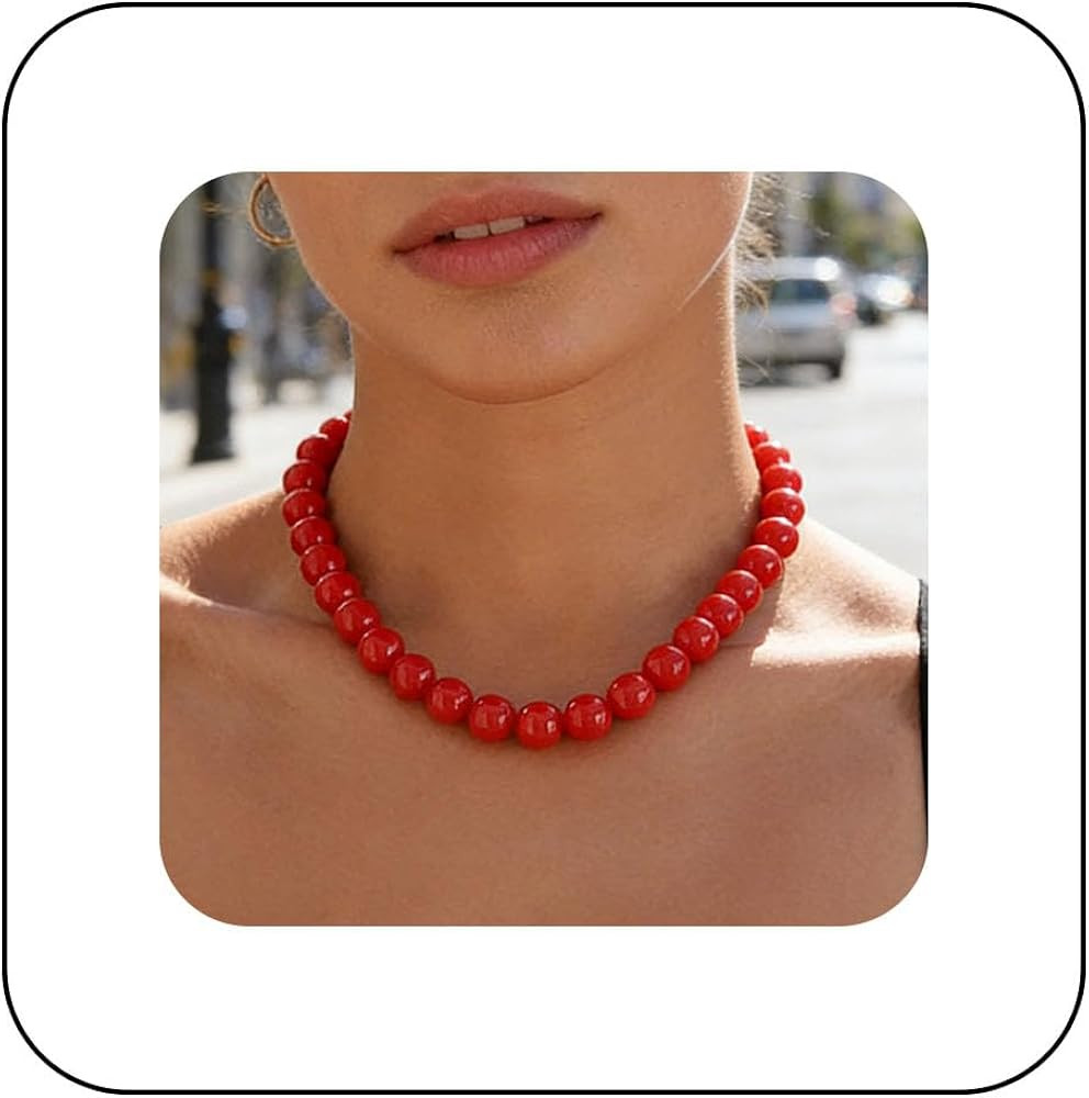 Boho Red Beads Thick Necklace Simple Chunky Necklace Pearl Choker Cute Round Beaded Strand Chain ... | Amazon (UK)