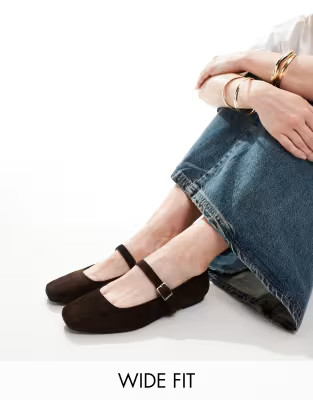 ASOS DESIGN Wide Fit Lottie Mary Jane ballet in brown | ASOS (Global)