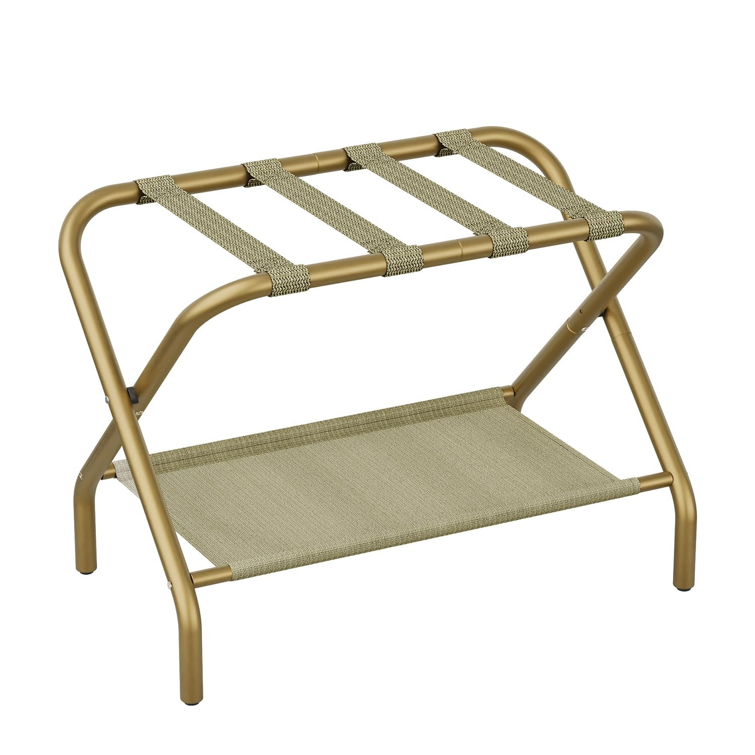 Gold Luggage Racks with Fabric Shelves - Heavy Duty Folding Suitcase Stand Holds 110lbs, Portable Bedroom & Hotel Storage Stands, Easy Assembly Steel Frame | Amazon (US)