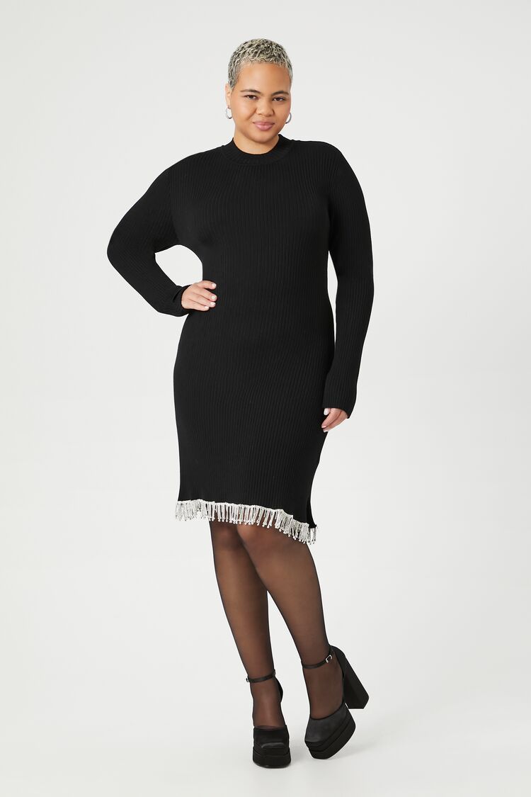 Plus Size Rhinestone Fringe Mini Sweater Dress | Forever 21