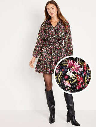 Waist-Defined Floral Shine Mini Dress for Women | Old Navy (US)