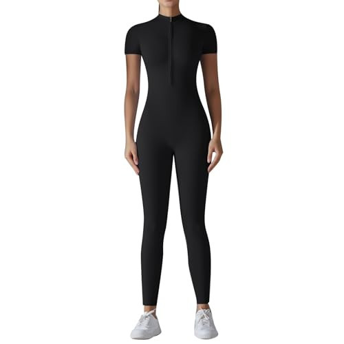 Women's Short Sleeve Workout Jumpsuit Zip Up Romper Bottom Pants Bodysuit Bodycon Sexy 1 Piece for Fitness (2-Black, M) | Amazon (US)