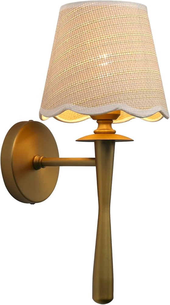 PERMO Rattan Wall Sconce with Vintage Brass Arm, Beige Yellow Woven Shade, E26 Hardwired Wall Lig... | Amazon (US)