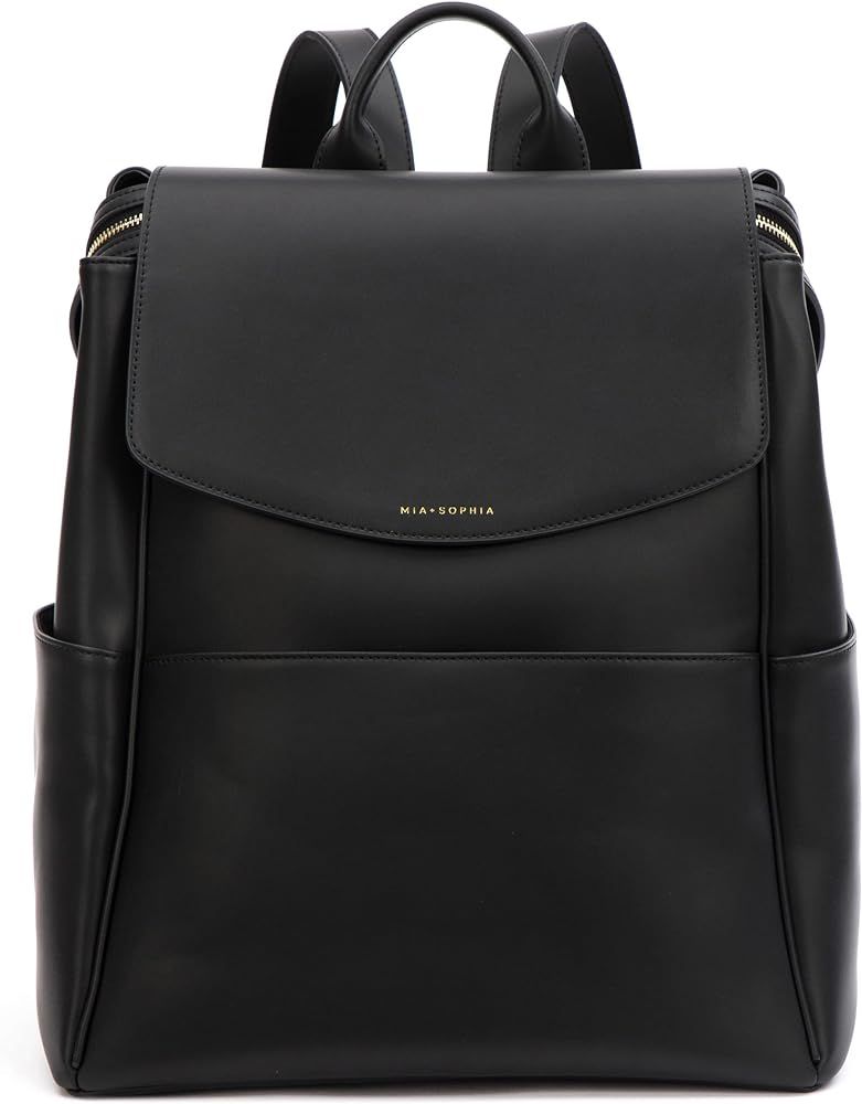 Leather Diaper Bag Backpack with Changing Pad, Stroller Straps, Bottle Holder (Black Olivia) | Amazon (US)