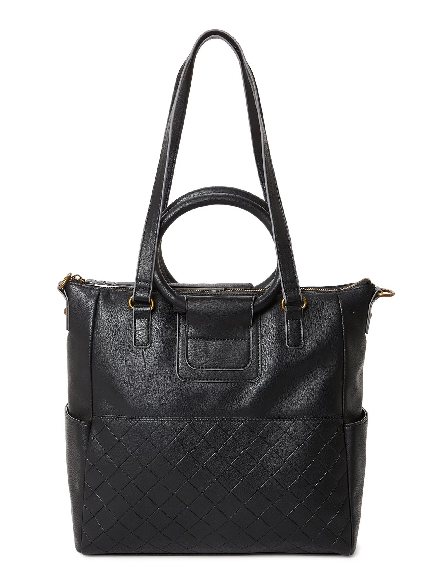 Time and Tru Women's Giselle Faux Leather Convertible Tote Handbag Black - Walmart.com | Walmart (US)