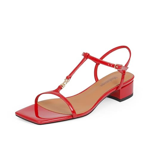 Modatope Red T-Strap Strappy Sandals for Women - Open Toe Chunky Block Heels - Low Short Dress Heels Size 6 | Amazon (US)
