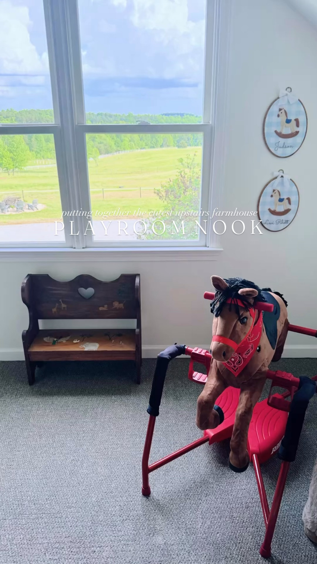 I’ve had such a special time putting together this sweet playroom 🧸🚂🐴 of my dreams for my baby cowboys 👶🏼🤠 and I truly couldn’t love it more!! 👶🏼🩵 And the monogrammed rocking horse pendants 🧵🪡 handmade by @autumn_ruppe_durham hanging next to the window 🪟 overlooking the farm 🌳🌾 are my favorite touch of all!! 🫶🏽 #playroom #playroomofmydreams 

I will never forget the very first time we came to see the farm 🌅 and falling in love with this cozy space 🚪 and imagining my little cowboys 👶🏼🤠👶🏼 playing up here… and look what God has done!! 🙌🏽 My favorite new little space for the boys to play while mama drinks her morning coffee ☕️ and watching the most stunning view of the farm 🌳 out the window 🪟- what a dream come true!!! 💭 #playroomnook 

As always, I linked 🔗 our whole playroom (everything I could 🥰) over on my LTKit shop for y’all!! 🛒🛍️ I am so happy 🤗 with how it all came together (been piecing it together for a while now 🌟) and know this will be such a special room and play space for my littles in the years upon years to come here in our sweet farmhouse on the hill!! 🧸🤠🚂🏡🐴🫶🏽📖🪑📚 #childrensplayroom #cowboyplayroom 

#LTKKids #LTKHome #LTKmomlife