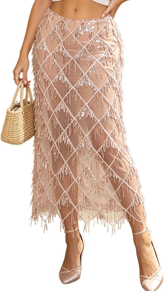 AXX Women's Sequin Fringe Midi Skirt - Sheer Mesh Sparkly Tassel Skirt with Side Slit, Elastic Wa... | Amazon (US)