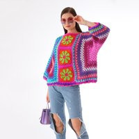 Oversize Crochet Rose Sweater, Granny Square Hexagon Handmade Colorful Pullover | Etsy (US)