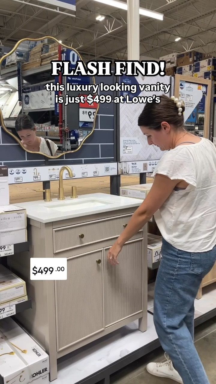 I love discovering luxury finds in the most unexpected places—like this stunning vanity from @loweshomeimprovement that looks like it belongs in a magazine spread, but is only $499! The soft-close doors are a nice little luxury, but what really sold me were the gorgeous fluted doors and gold details. It has that perfect blend of modern and classic, proving that you don’t have to splurge to create a beautiful, stylish space.

#bathroom #reno #lookforless 

#LTKWatchNow #LTKHome #LTKSaleAlert