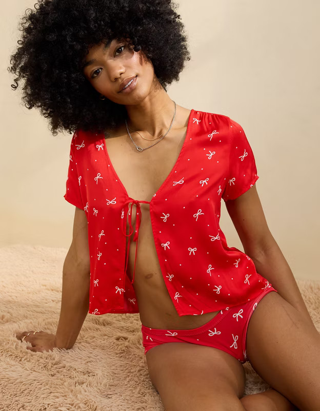 Aerie Off-Duty Satin Tie Front Shirt | Aerie