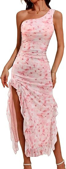 DRESSTELLS Women Formal Wedding Guest Long Cocktail Party One Shoulder Mesh Ruched Bodycon Maxi R... | Amazon (US)