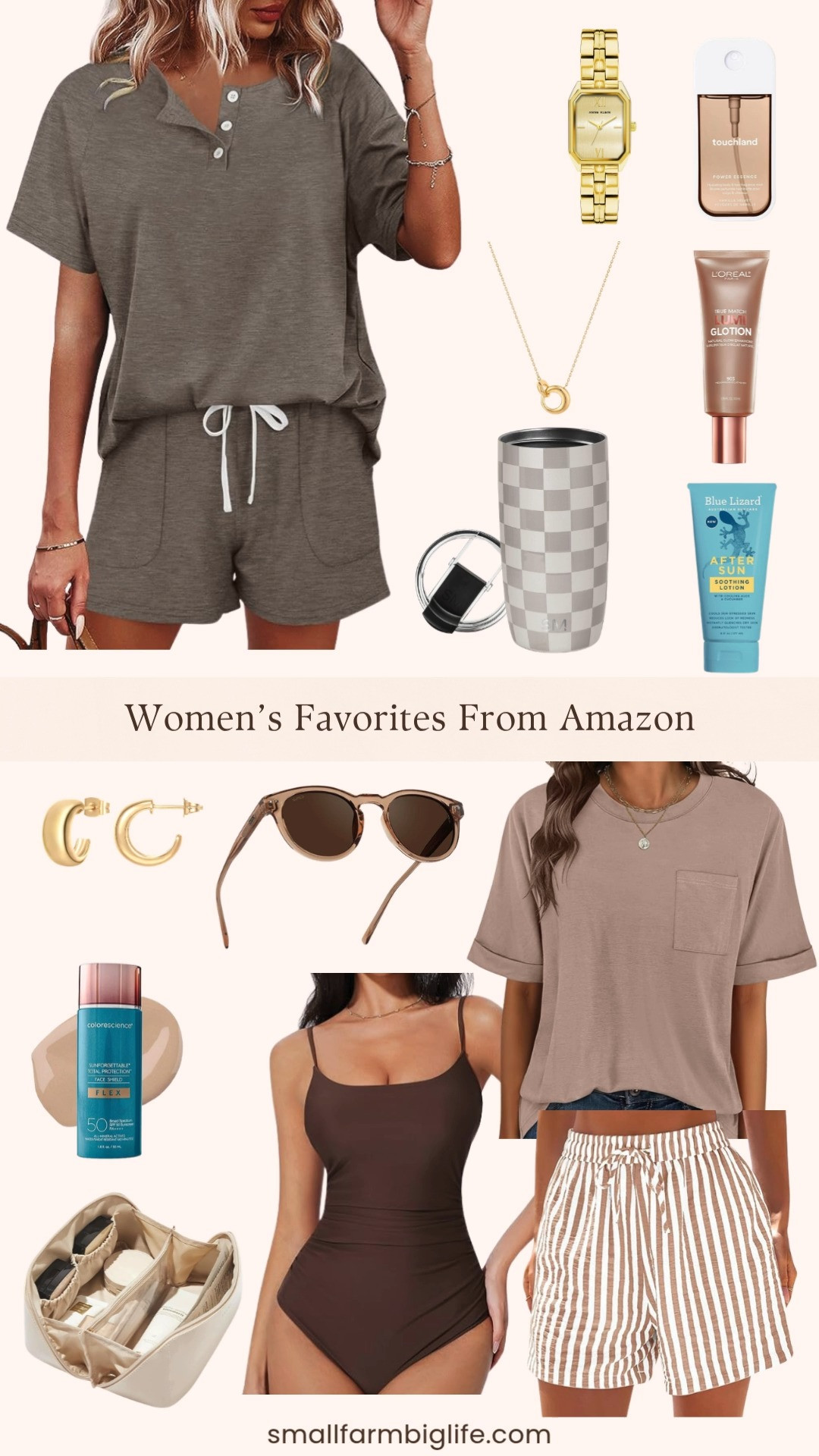 Sharing some of my favorite everyday finds from Amazon right now and this collection has something for everything! From a cute brown lounge set and oversized tee to elastic waist shorts, a tummy control one piece swimsuit, a gold bracelet watch, dome huggie earrings, a dainty interlock necklace, round polarized sunglasses, a Simple Modern tumbler, a large travel makeup bag, Touchland body mist, L'Oreal Glotion, Colorescience SPF 50 face shield, and after sun lotion, these are the practical and pretty everyday essentials I reach for all summer long. Linking everything below! 

 #LTKootd #LTKOver40 #LTKBeauty