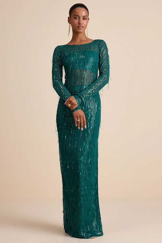 Sheer Fascination Emerald Sheer Mesh Sequin Fringe Maxi Dress | Lulus