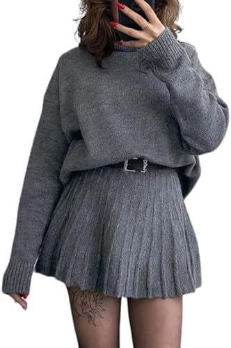 chouyatou Women's 2 Piece Sweater Skirt Sets Turtleneck Pullover Tops Mini Pleated Skirt Two Piec... | Amazon (US)