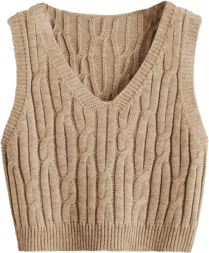 Verdusa Women's V Neck Sleeveless Cable Knitted Crop Tank Top Sweater Vest | Amazon (US)