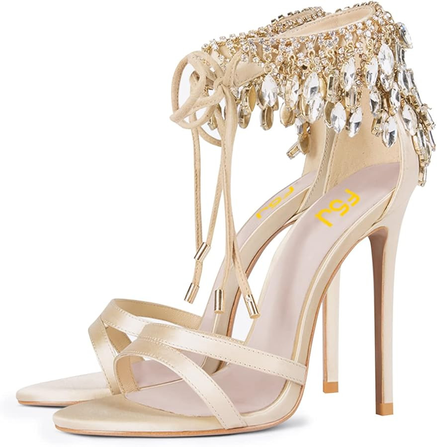 FSJ Women's Wedding Crystal Tassel Back High Heel Sandals Stiletto Heeled Open Toe Lace Up Rhines... | Amazon (US)