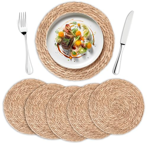Round Woven Placemats Set of 6 | Handmade Natural Wicker Placemats for Holiday Wedding Home - Slip Heat Resistant Rattan Chargers for Dinner Plates (12 Inch) | Amazon (US)