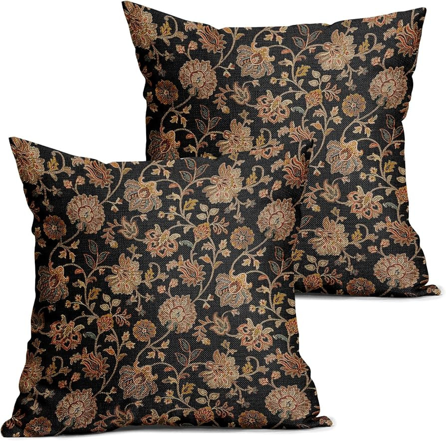Black Brown Floral Pillow Covers 20X20 Inch Set of 2 Vintage Boho Carpet Flowers Decorative Pillo... | Amazon (US)