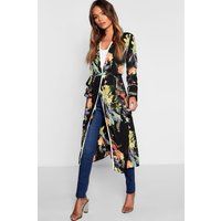 Womens Dark Tropical Floral Belted Kimono - Black - M, Black | Boohoo.com (UK & IE)