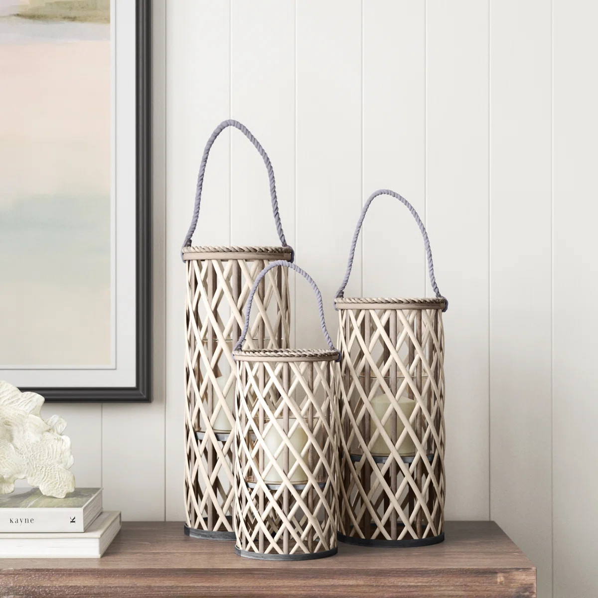 Kalalou Grey Willow Lanterns with Glass 24" H  Set of 3 | Wayfair North America