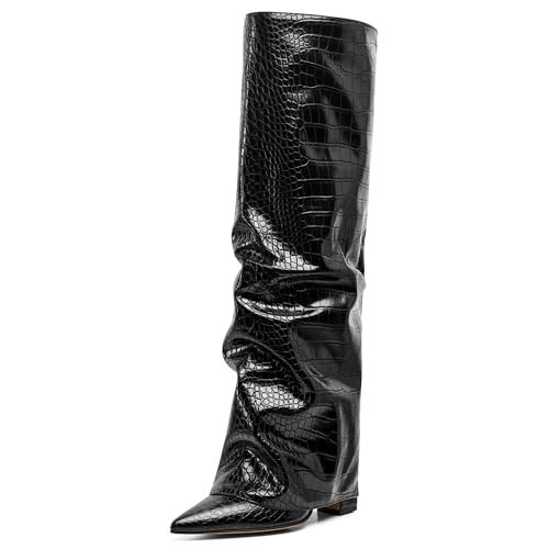 SaraIris Women's Shark Boots - Black Knee High Pointed Toe Fold Over Chunky Slouchy Boots | Amazon (US)