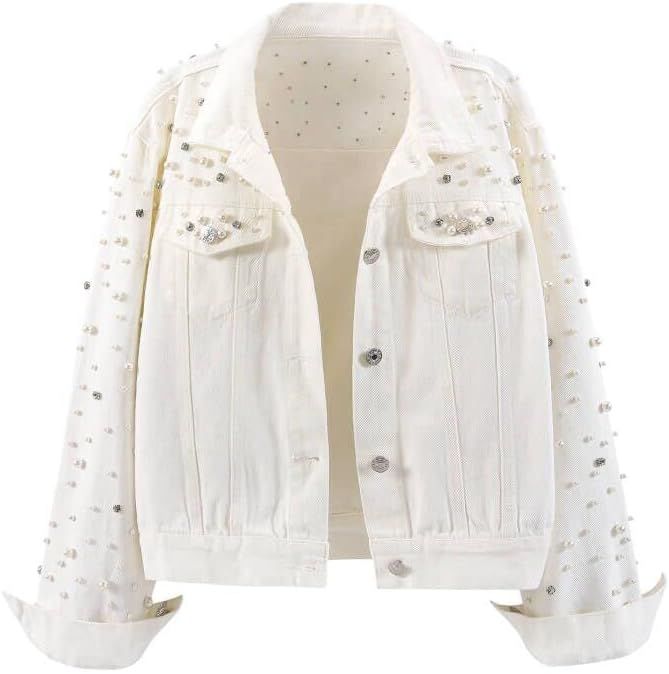 LifeShe Women's Pearls Denim Jacket Cropped Rhinestones Jean Jacket Coat | Amazon (US)