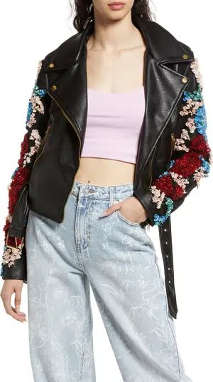 AZALEA WANG Embellished Floral Belted Faux Leather Moto Jacket | Nordstrom | Nordstrom