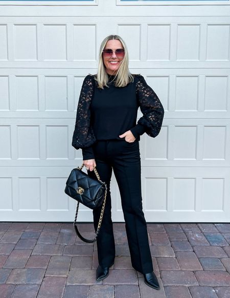 All black outfit. Beautiful top with lace sleeves, flare pants and western boots/booties.


#LTKstyletip #LTKfindsunder100 #LTKover40