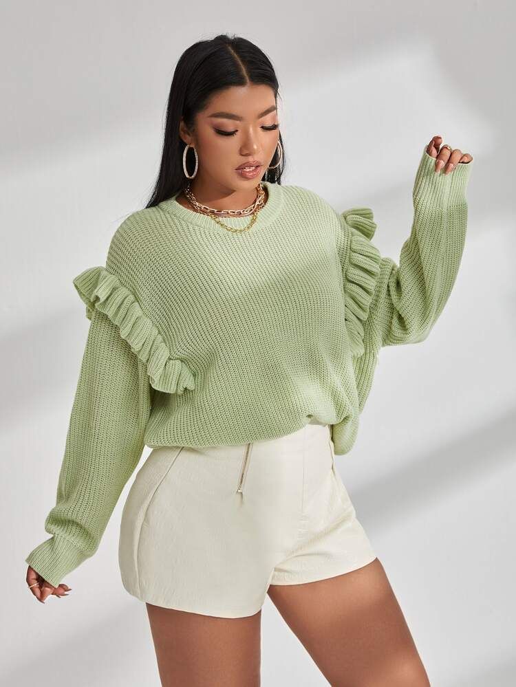 Plus Ruffle Trim Drop Shoulder Sweater | SHEIN