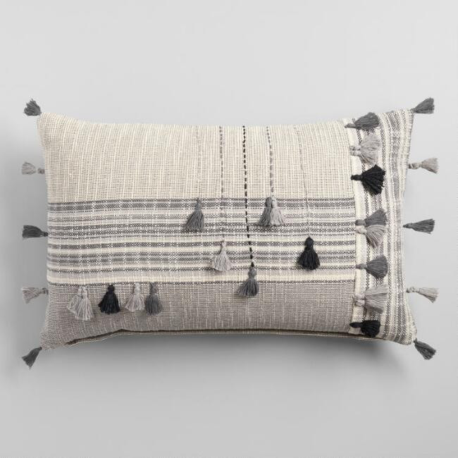 Gray Striped Embroidered Tassel Lumbar Pillow | World Market