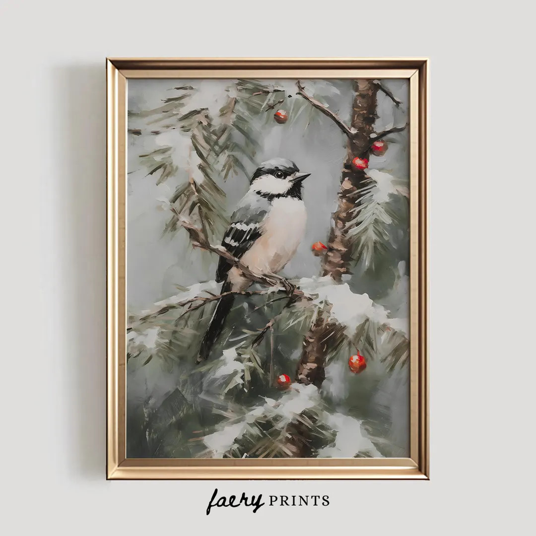 Winter Bird Print PRINTABLE Wall Art Berry Tree Print Holiday Snowy Bird Painting Winter Home Dec... | Etsy (US)