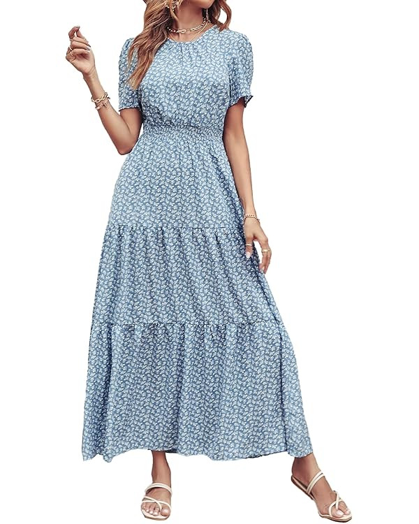 PRETTYGARDEN Women's Summer Casual Short Flutter Sleeve Round Neck Smocked Waist Tiered Boho Flor... | Amazon (US)