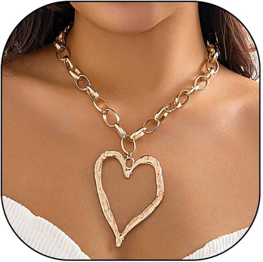 Chunky Gold Heart Necklace for Women,Y2K Big Heart Statement Necklace Long Puffy Hearts Chain Cha... | Amazon (US)